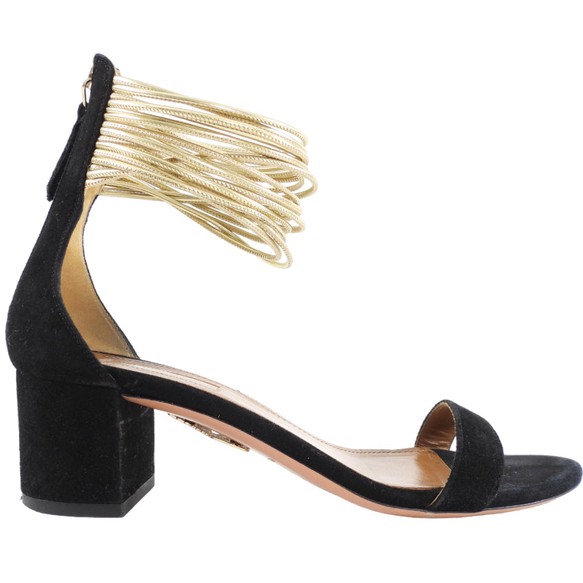 Aquazzura Black Suede Sandal with Gold Ankle Strap - EU37