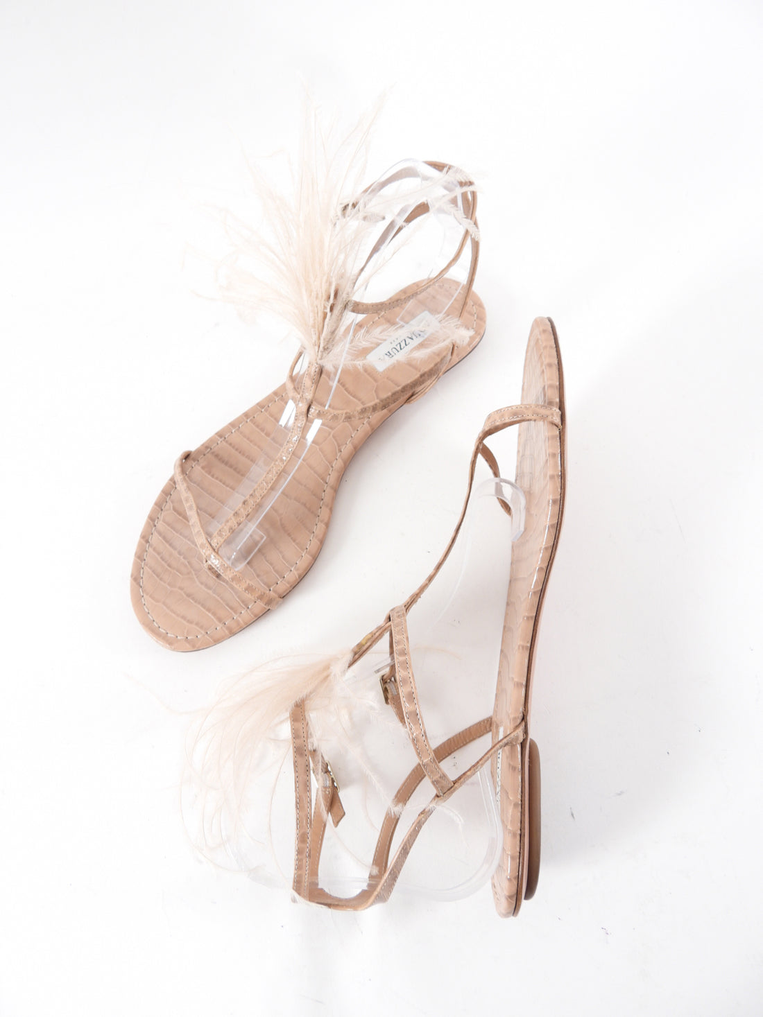 Aquazzura Beige Embossed Flat Sandals With Feathers - 40