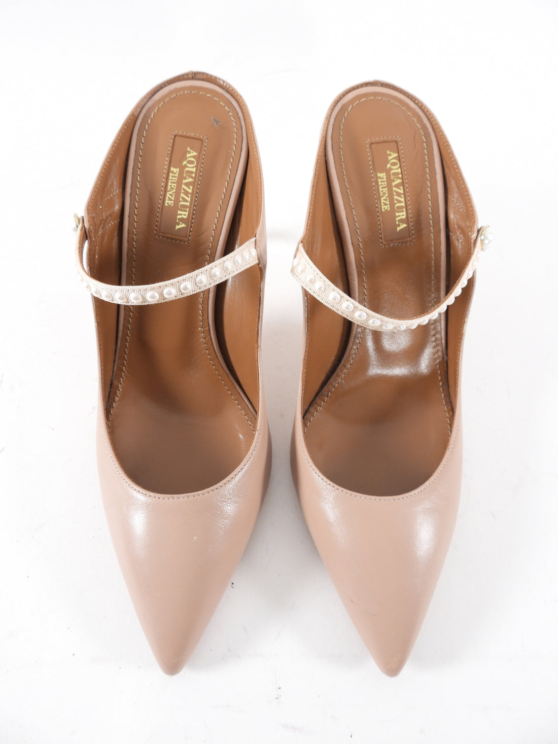 Aquazurra Nude Leather and Pearl Strap Mule Heels - 37