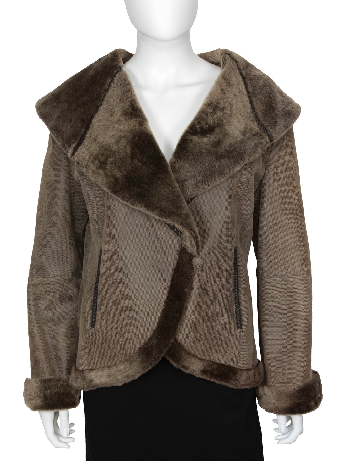 Giorgio Armani Taupe Brown Shearling Shawl Collar Short Jacket - 44