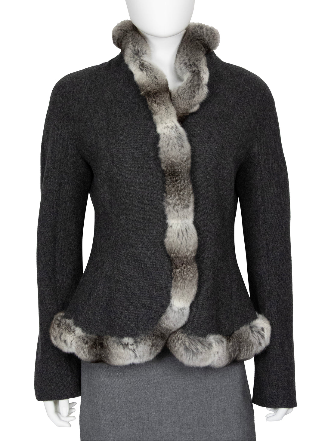 Giorgio Armani Grey Chinchilla Fur Trim Wool Jacket - 44