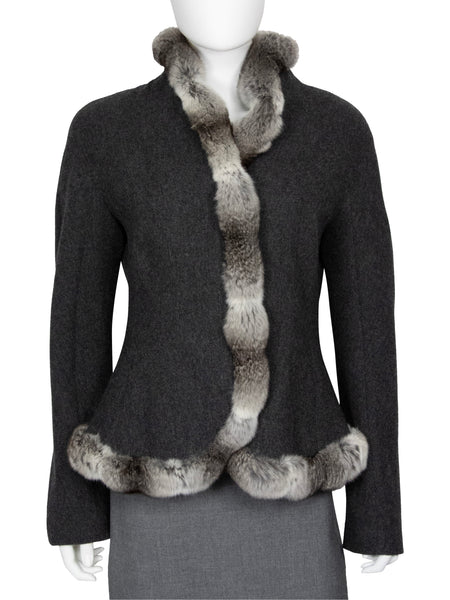 Giorgio Armani Grey Chinchilla Fur Trim Wool Jacket - 44