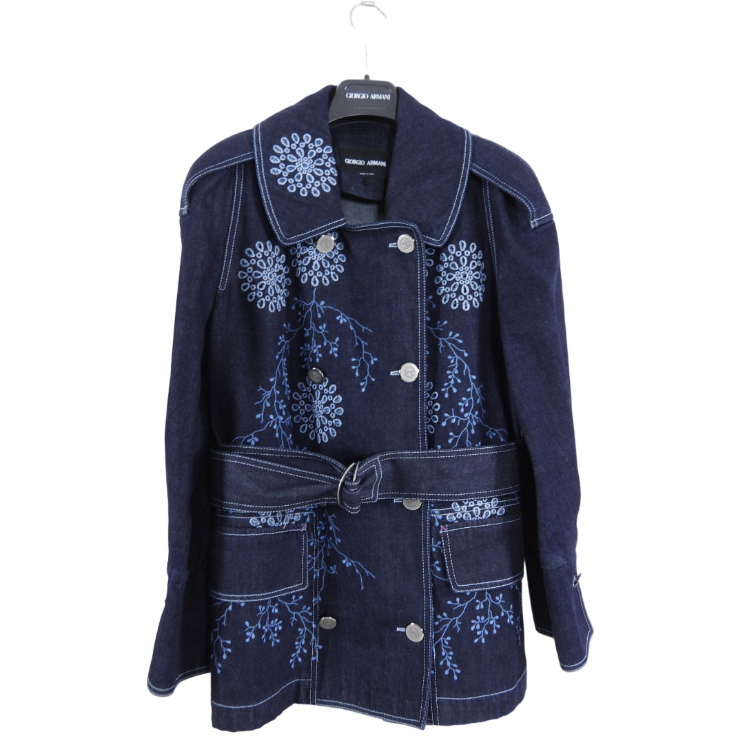 Giorgio Armani Blue Denim Eyelet Embroidered Short Trench Jacket