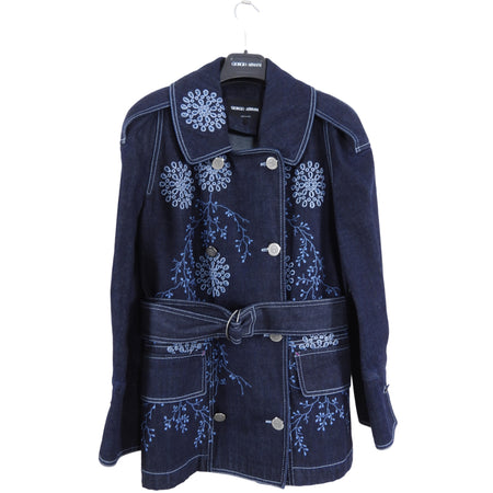Giorgio Armani Blue Denim Eyelet Embroidered Short Trench Jacket - 42 / USA 6