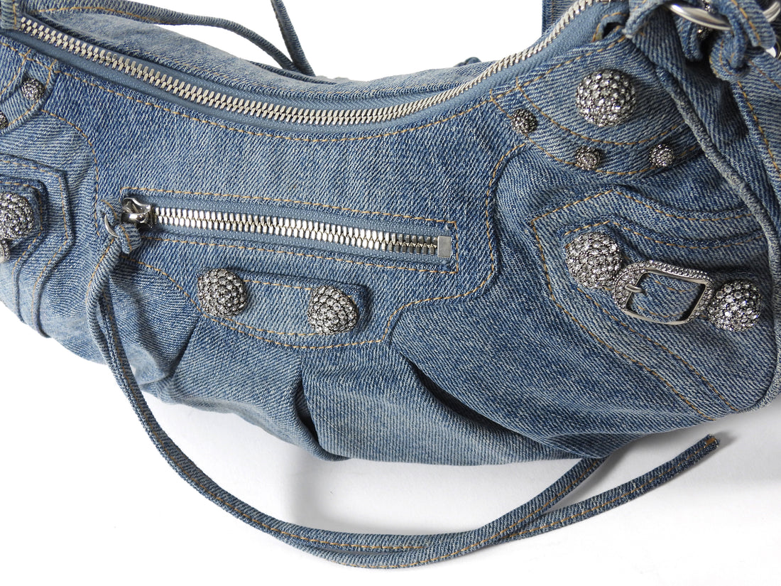 Balenciaga Blue Cagole Denim Crystal Small Bag