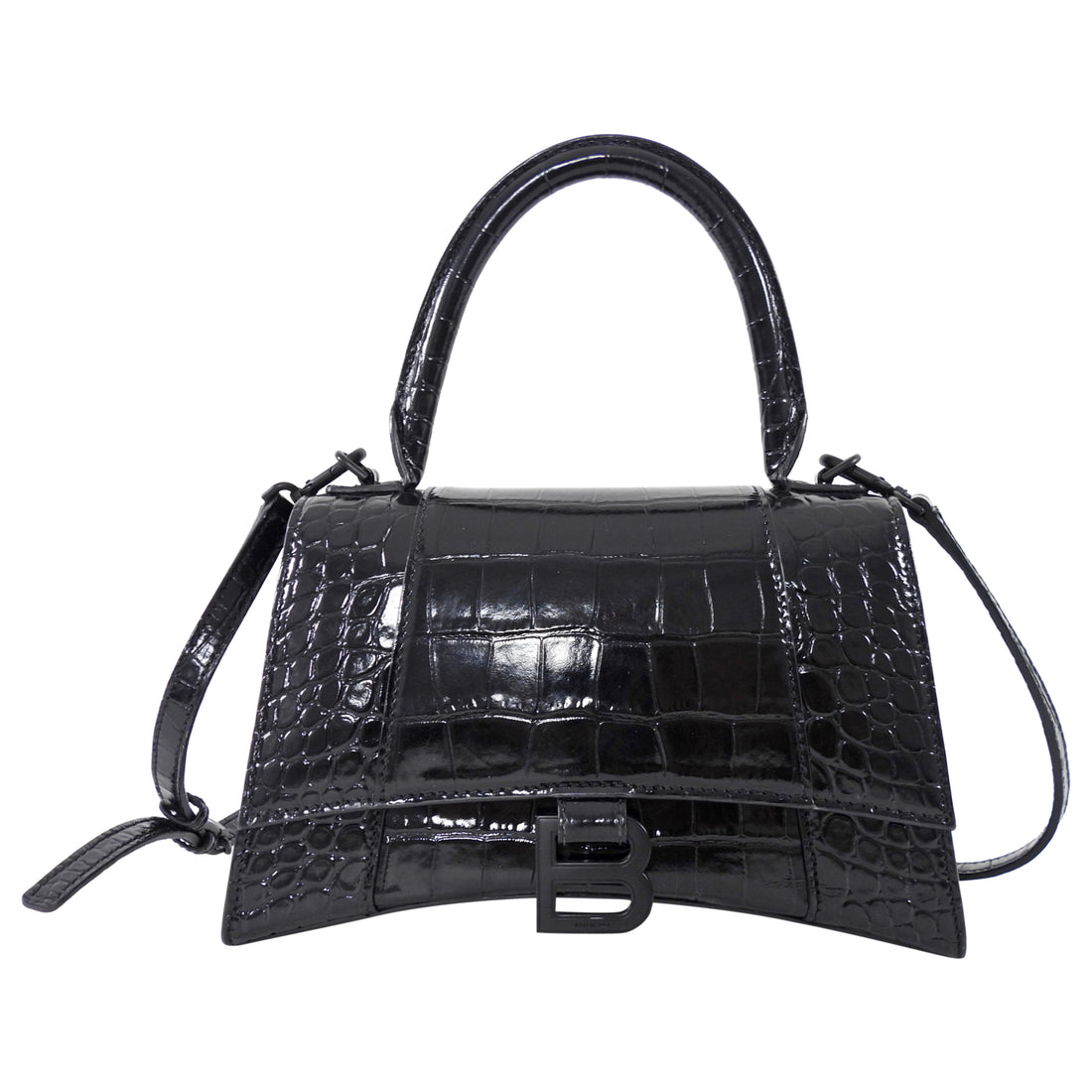 Balenciaga  All Black Croc Embossed Hourglass XS Bag