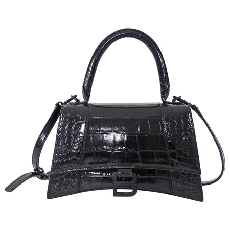 Balenciaga  All Black Croc Embossed Hourglass XS Bag