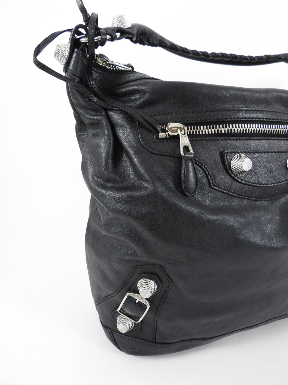 Balenciaga Black Leather Giant Day Shoulder Hobo Bag SHW