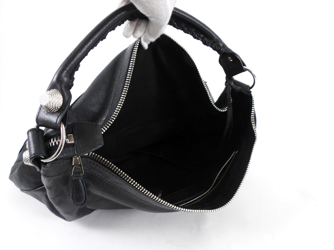 Balenciaga Black Leather Giant Day Shoulder Hobo Bag SHW