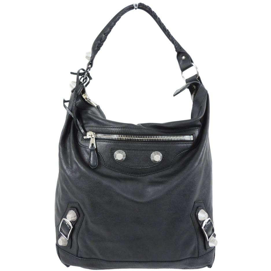 Balenciaga Black Leather Giant Day Shoulder Hobo Bag SHW