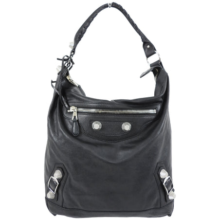 Balenciaga Black Leather Giant Day Shoulder Hobo Bag SHW