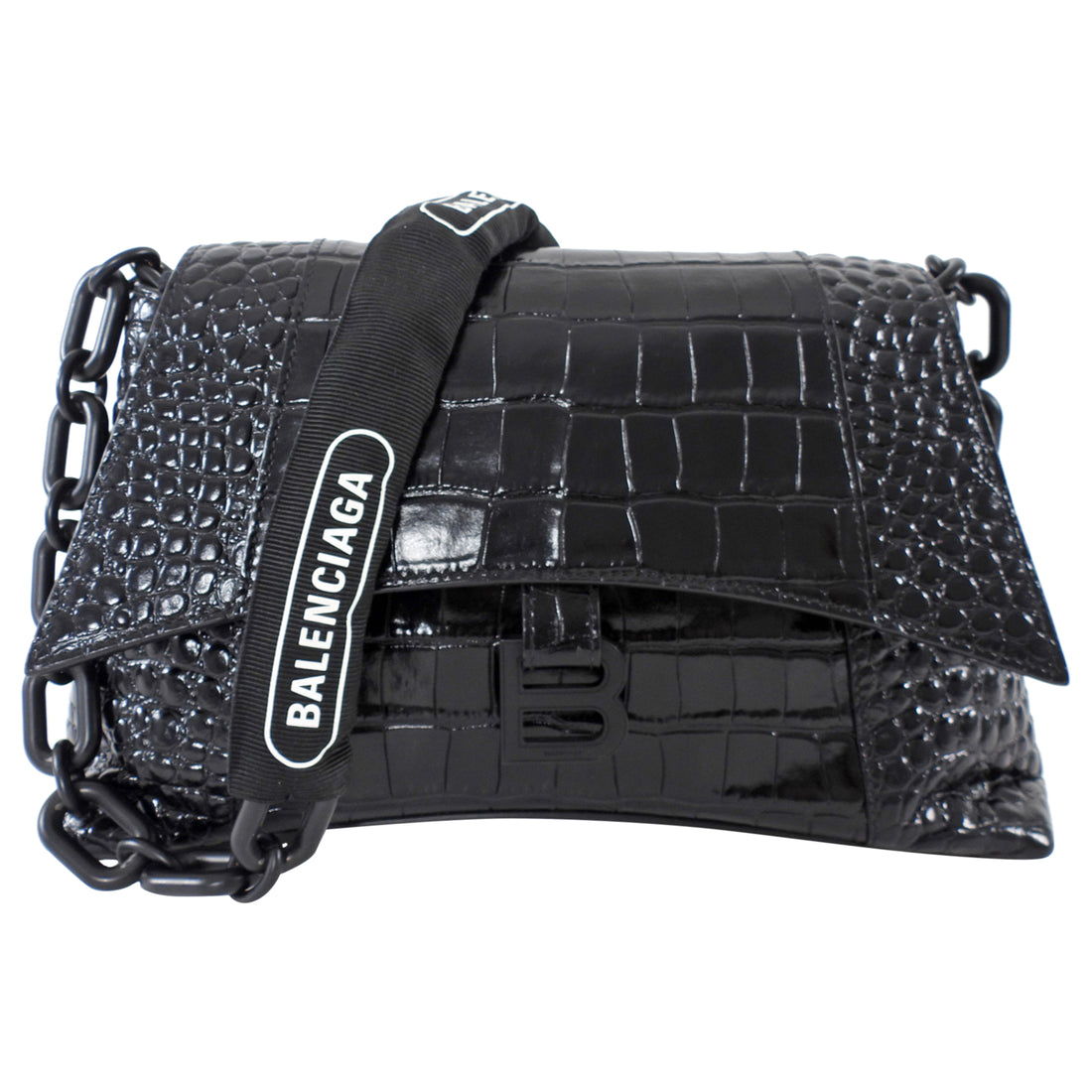 Balenciaga Black Croc Emboss Downtown Small Chain Hourglass Shoulder Bag