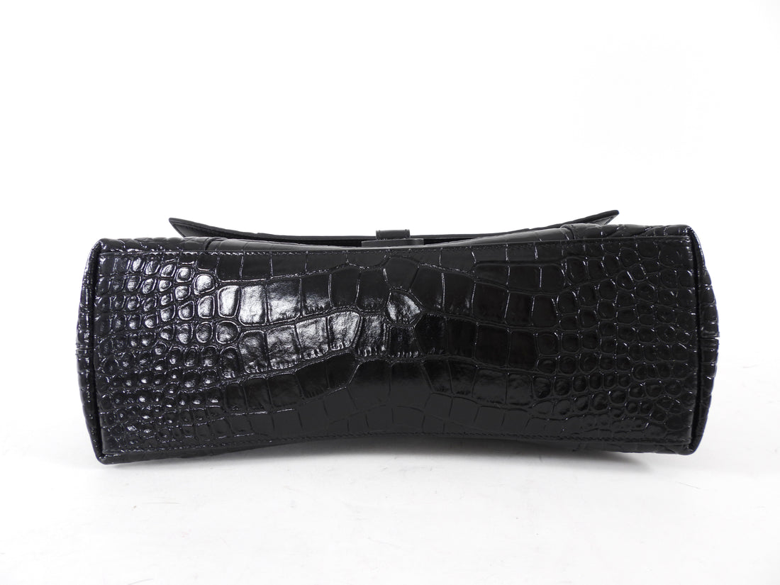 Balenciaga Black Croc Emboss Downtown Small Chain Hourglass Shoulder Bag