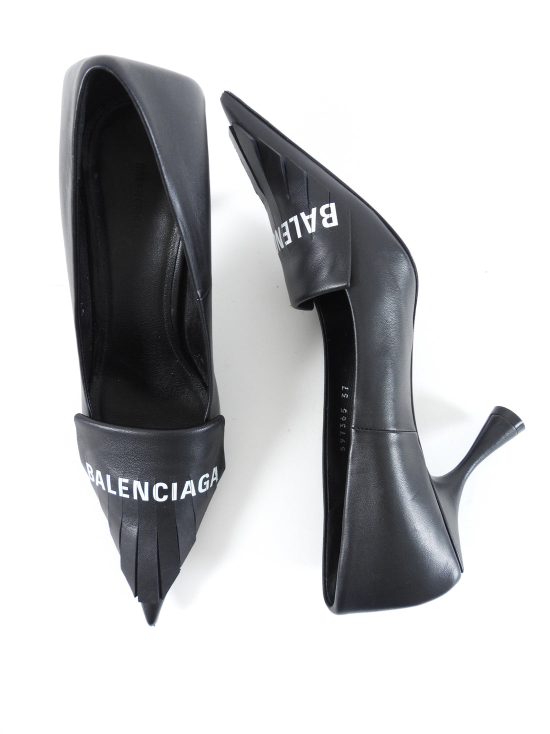 Balenciaga Black Leather Fringe Logo Knife Pump - 37