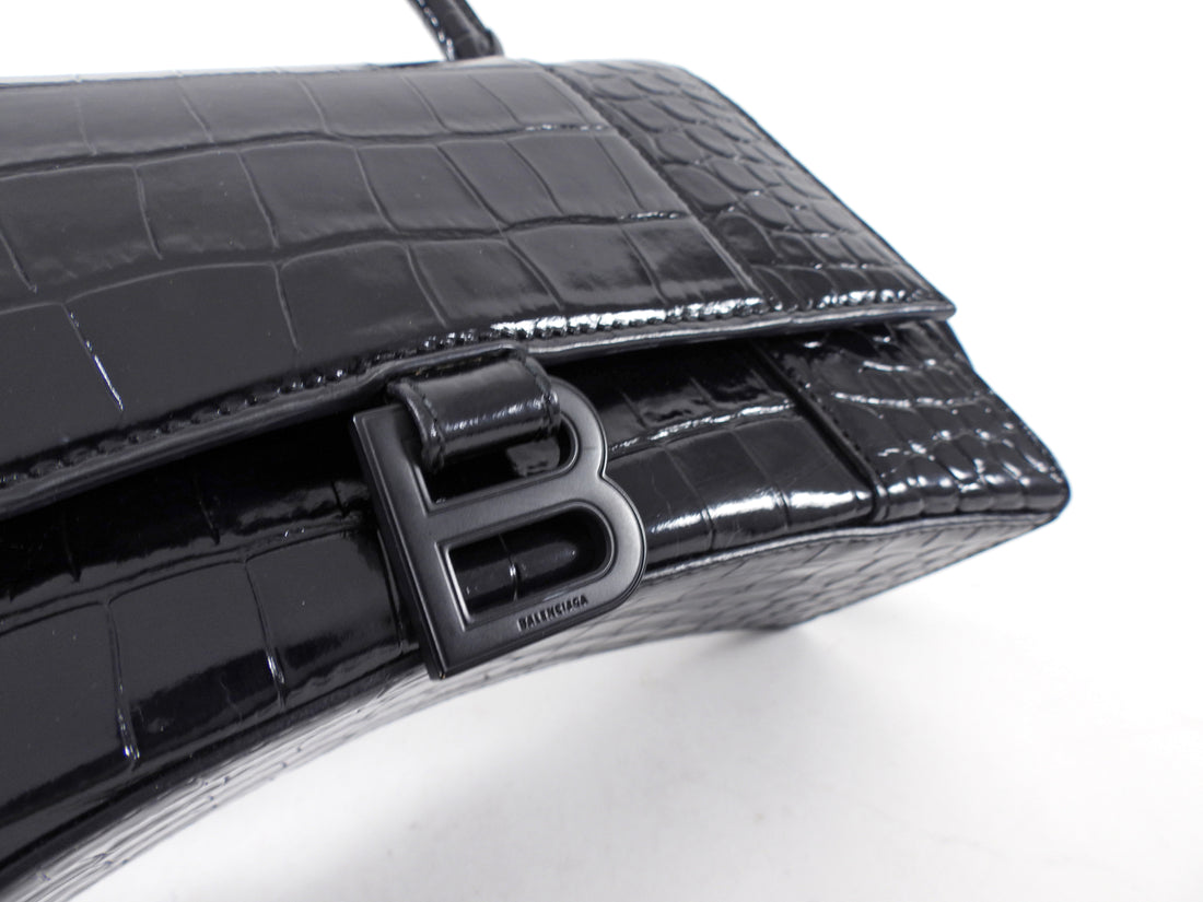 Balenciaga  All Black Croc Embossed Hourglass XS Bag