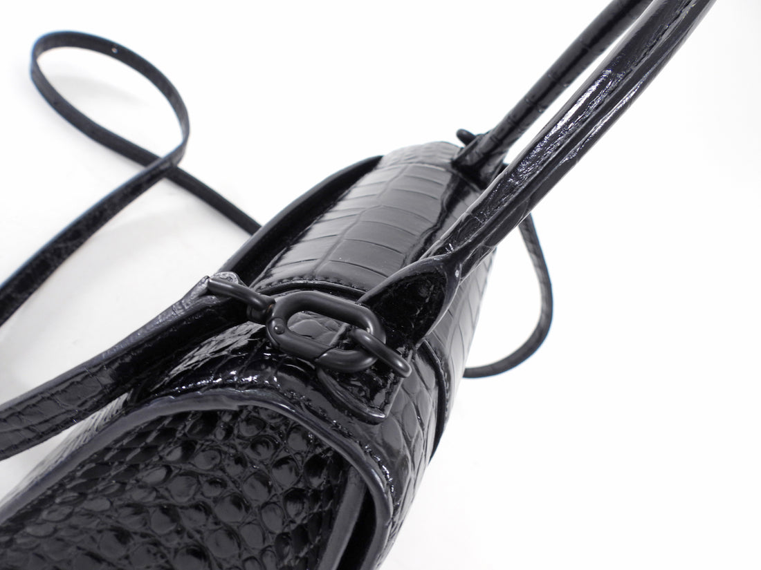 Balenciaga  All Black Croc Embossed Hourglass XS Bag
