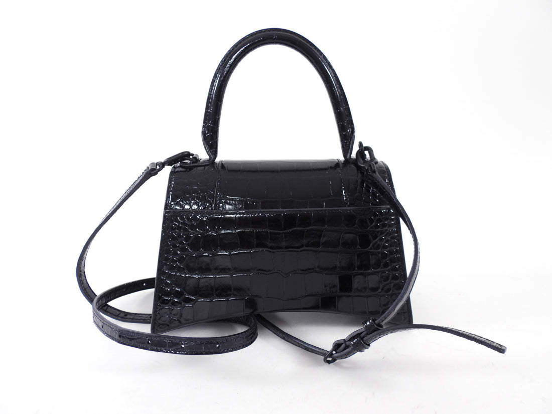 Balenciaga  All Black Croc Embossed Hourglass XS Bag