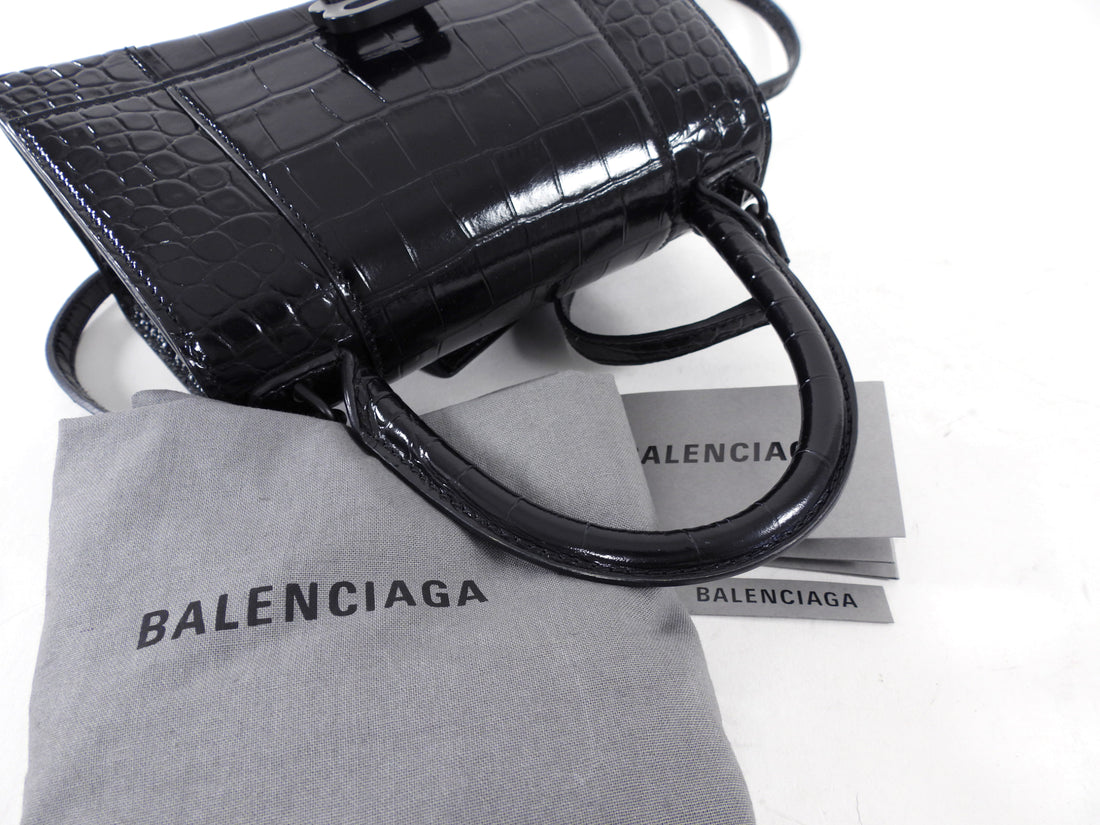 Balenciaga  All Black Croc Embossed Hourglass XS Bag