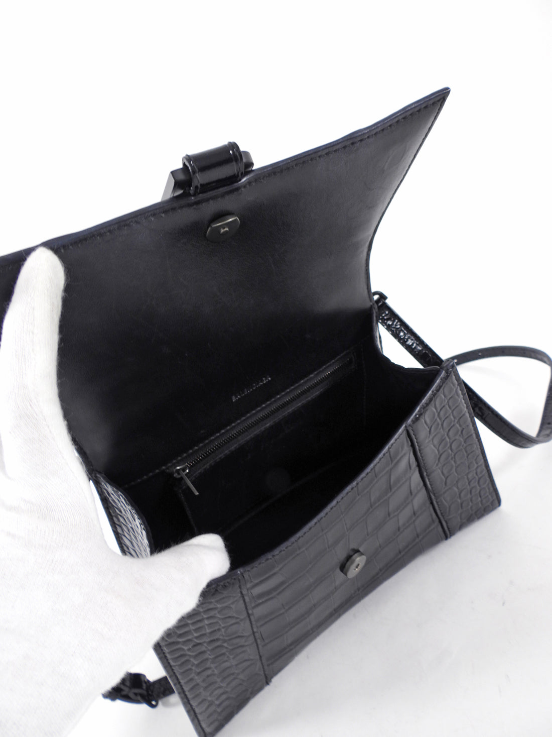 Balenciaga  All Black Croc Embossed Hourglass XS Bag