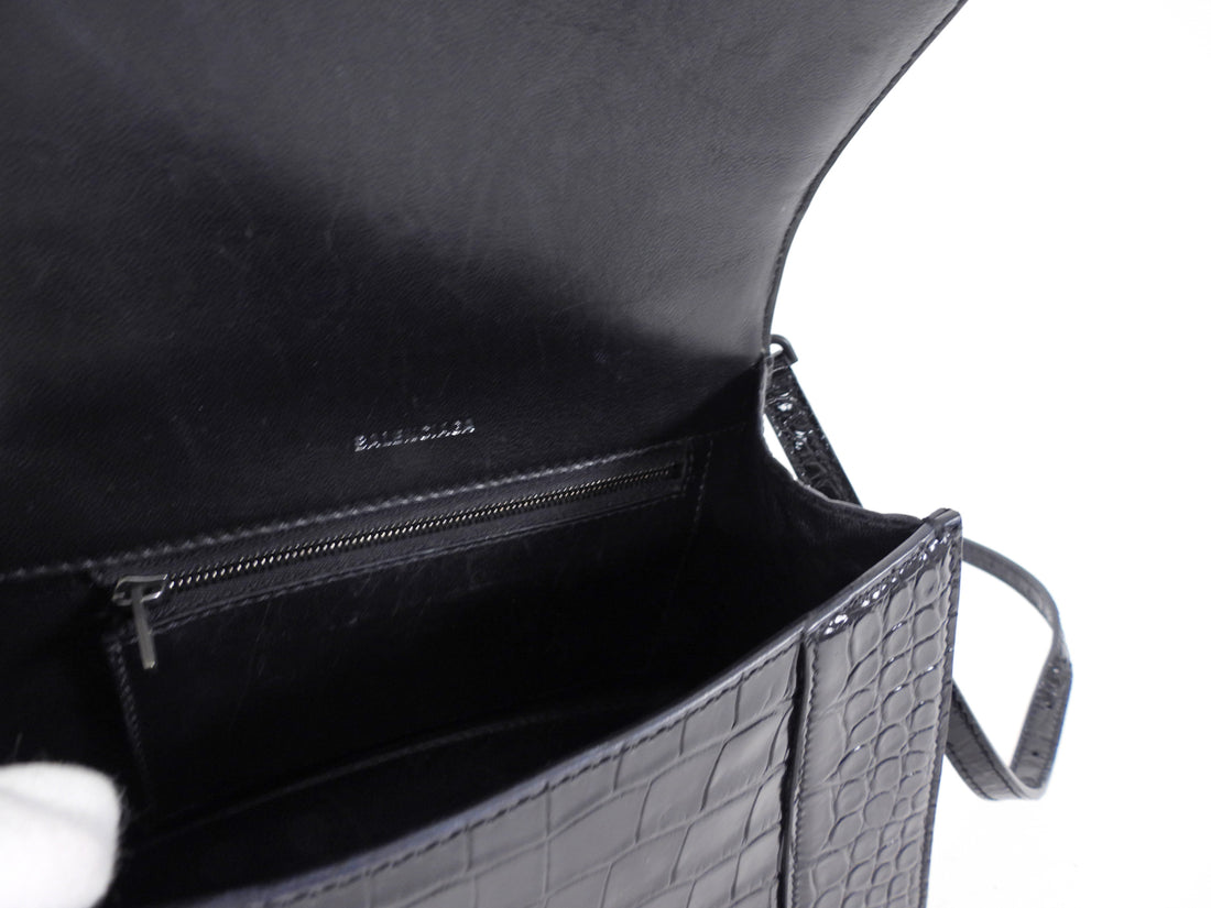 Balenciaga  All Black Croc Embossed Hourglass XS Bag