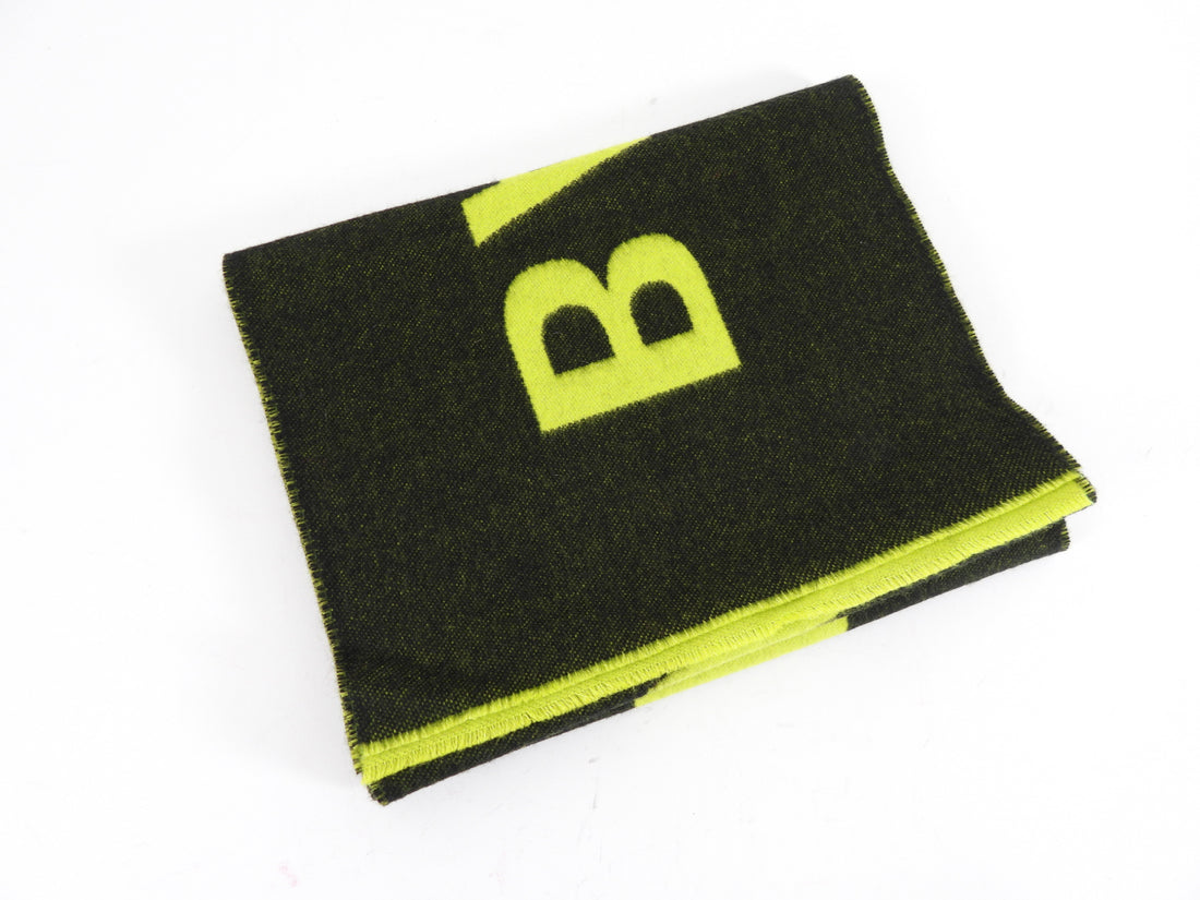 Balenciaga Black and Lime Green Logo Wool Shawl Scarf