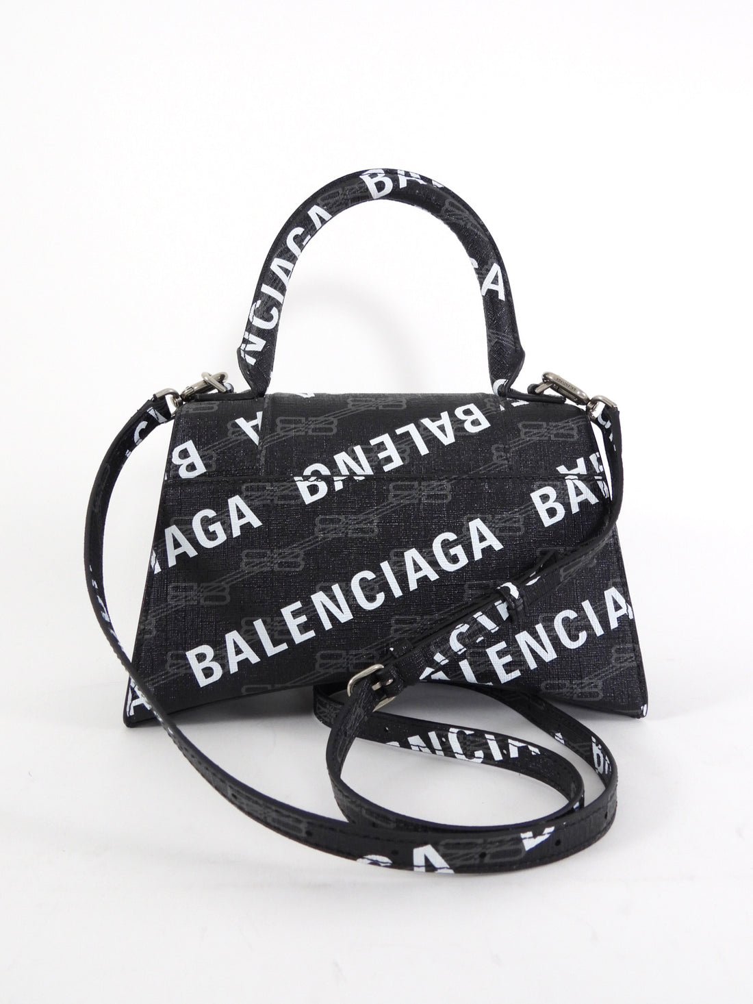 Balenciaga  Black BB Monogram Logo All Over Hourglass XS Bag