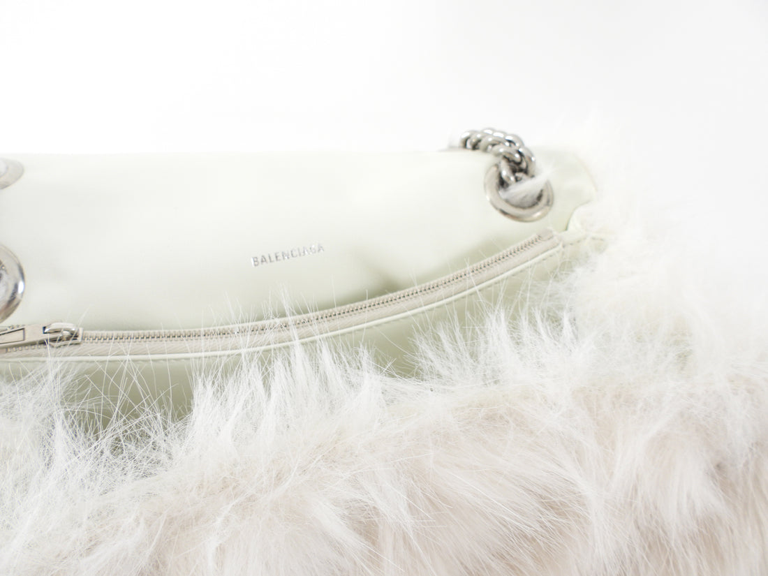 Balenciaga Ivory White Faux Fur Medium Crush Chain Bag