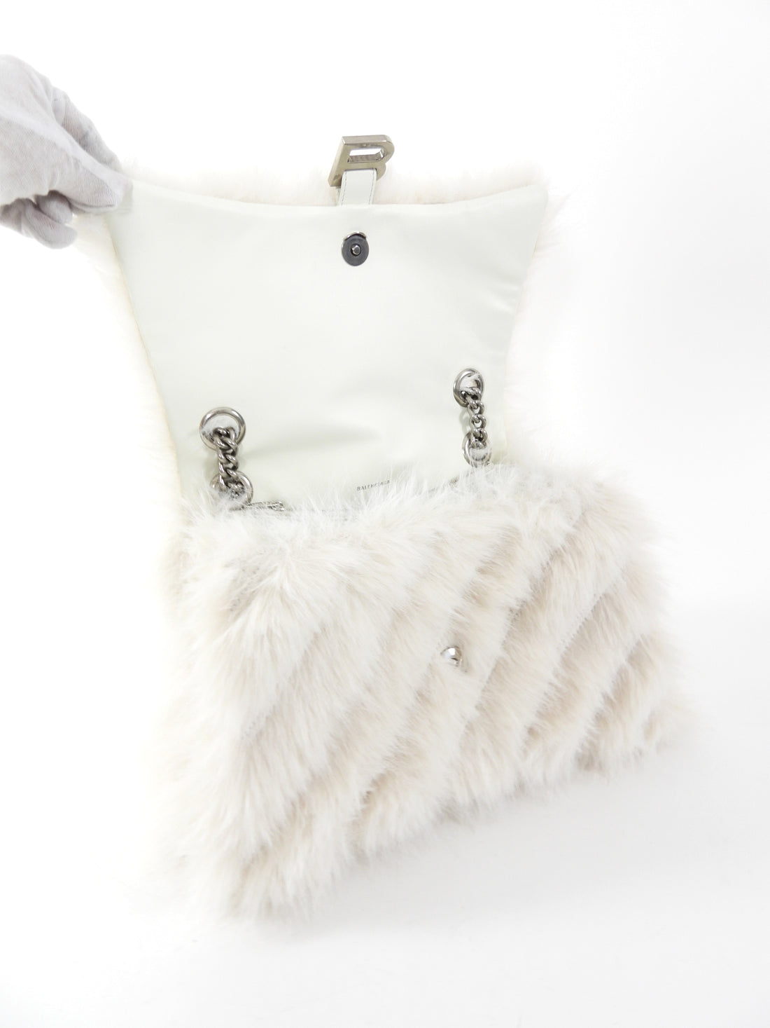 Balenciaga Ivory White Faux Fur Medium Crush Chain Bag