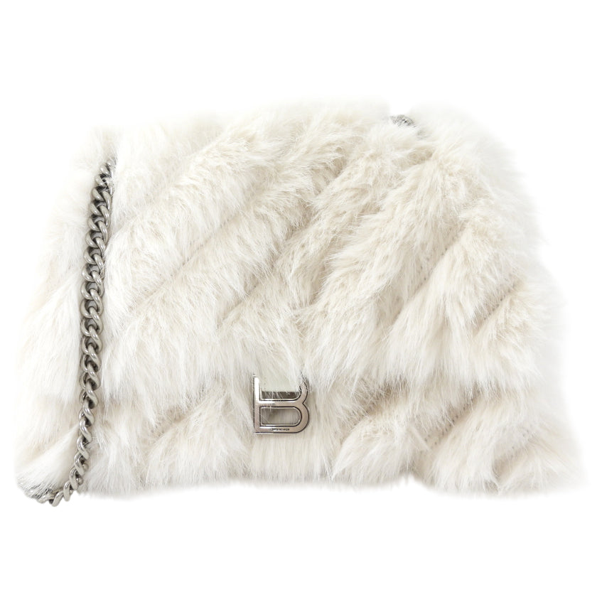 Balenciaga Ivory White Faux Fur Medium Crush Chain Bag