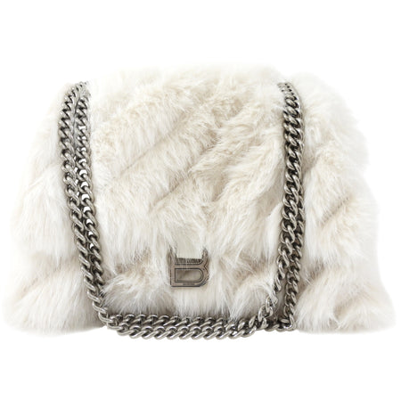 Balenciaga Ivory White Faux Fur Medium Crush Chain Bag