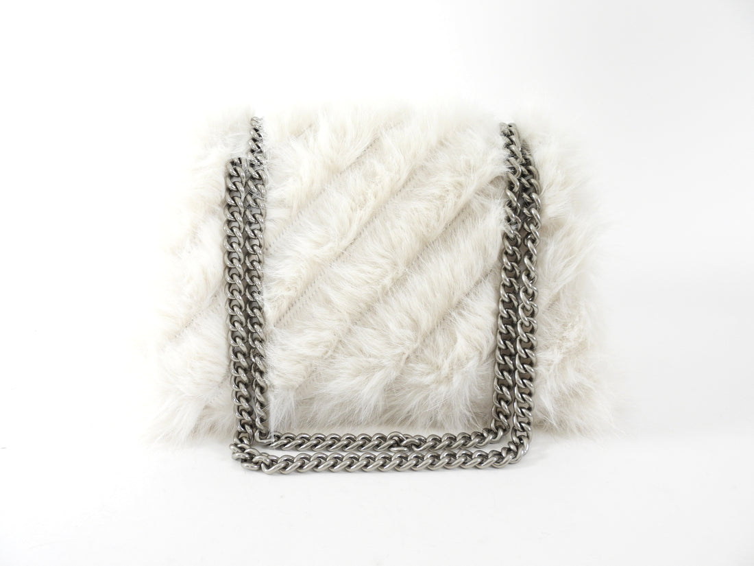 Balenciaga Ivory White Faux Fur Medium Crush Chain Bag