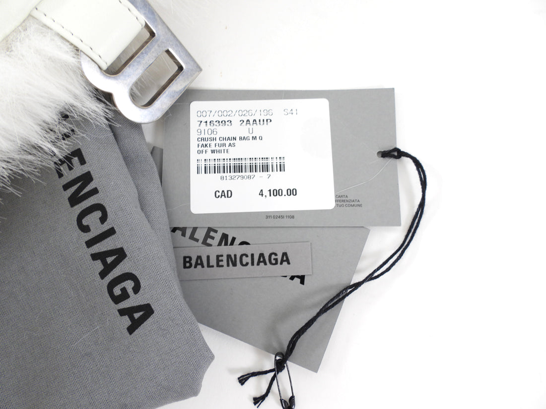 Balenciaga Ivory White Faux Fur Medium Crush Chain Bag