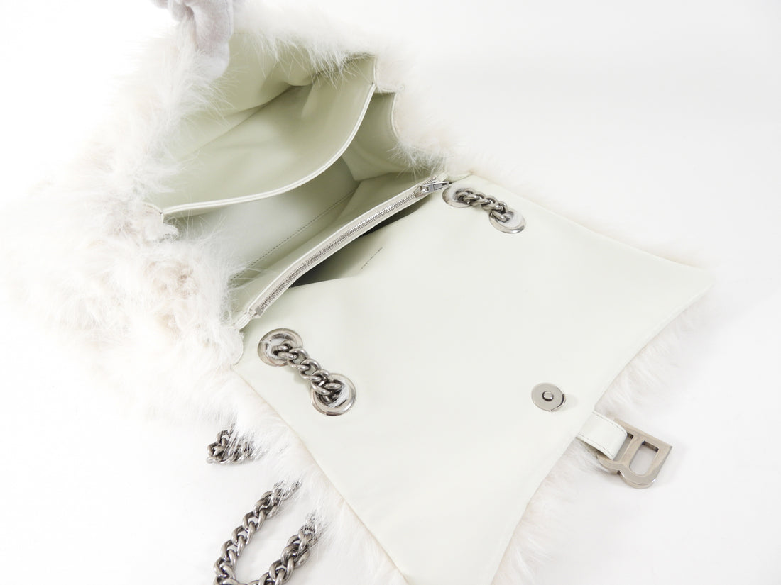 Balenciaga Ivory White Faux Fur Medium Crush Chain Bag