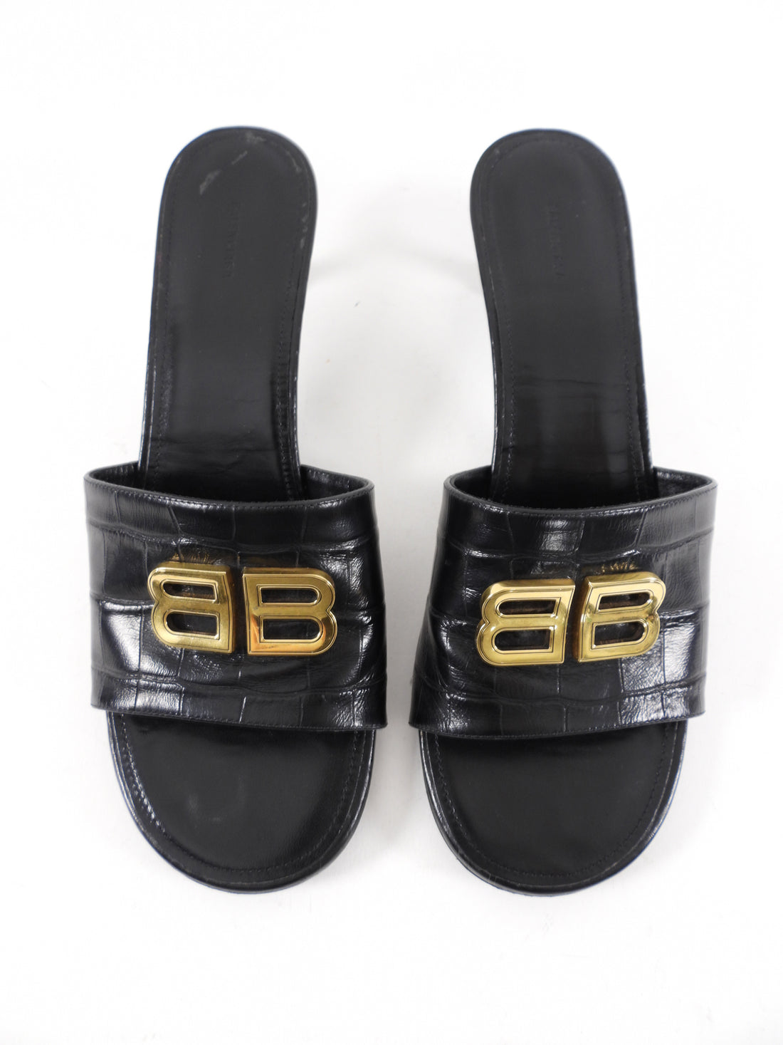 Balenciaga Black Embossed Leather BB Mules - 40