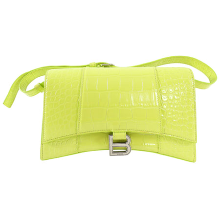 Balenciaga Neon Lime Shiny Croc Embossed Hourglass Shoulder Bag