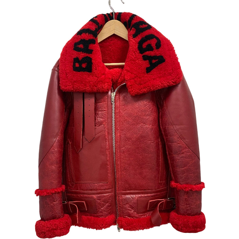 Balenciaga Red Shearling Aviator Jacket with Logo Collar - FR 34/ XS