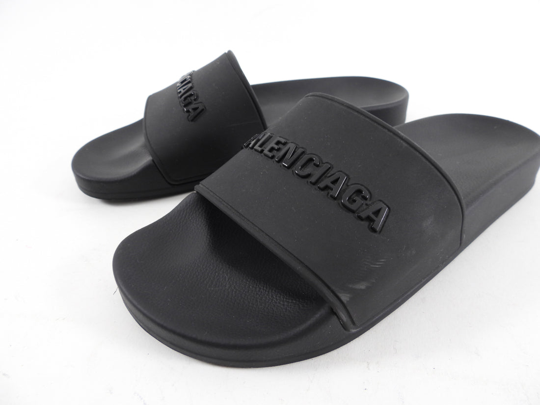 Balenciaga Black Rubber Logo Pool Slides - 37