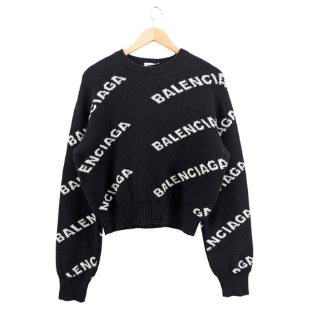 Balenciaga Black White Knit Logo Crop Sweater - S