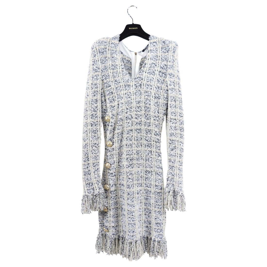 Balmain Ivory White Black Fringe Knit Tweed Dress with Gold Buttons - I MISS YOU VINTAGE Balmain Ivory White Black Fringe Knit Tweed Dress with Gold Buttons - I MISS YOU VINTAGE