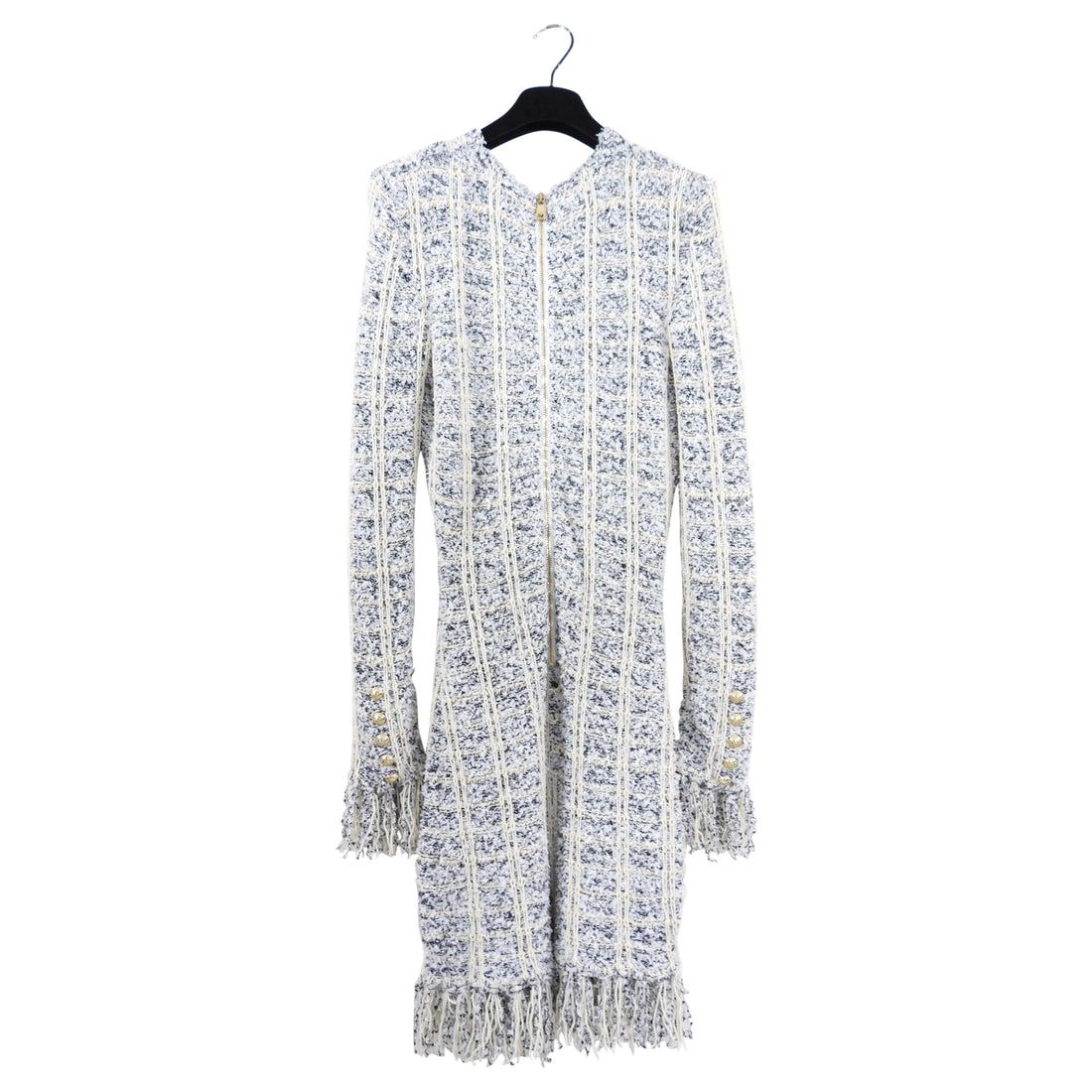 Balmain Ivory White Black Fringe Knit Tweed Dress with Gold Buttons - 6