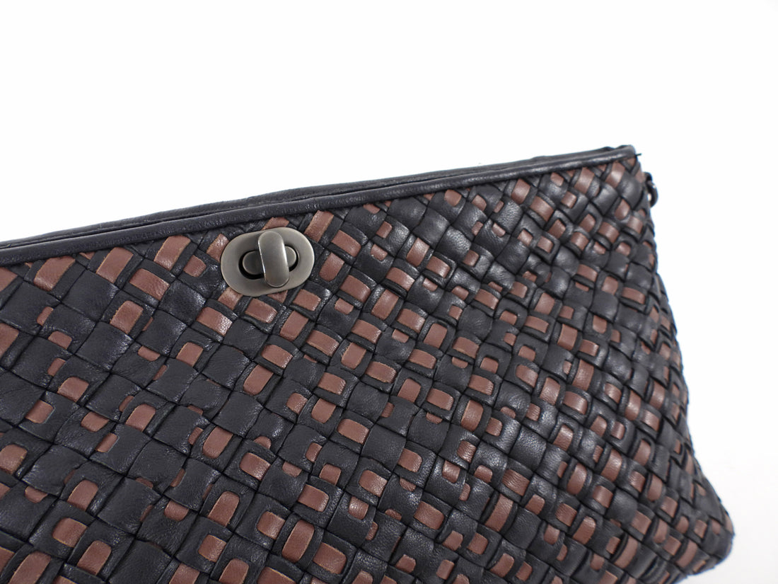 Bottega Veneta Black and Brown Intrecciato Leather Chain Bag