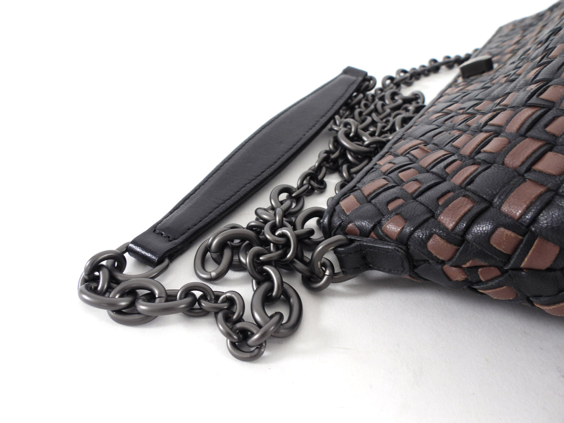 Bottega Veneta Black and Brown Intrecciato Leather Chain Bag