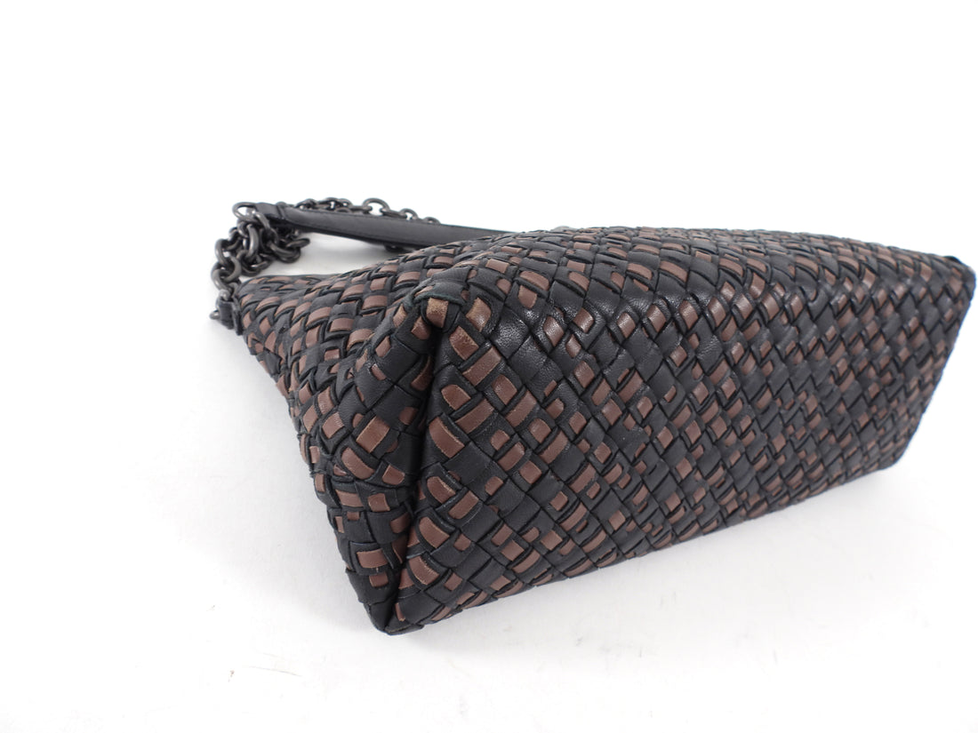 Bottega Veneta Black and Brown Intrecciato Leather Chain Bag