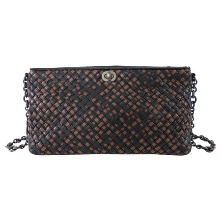Bottega Veneta Black and Brown Intrecciato Leather Chain Bag