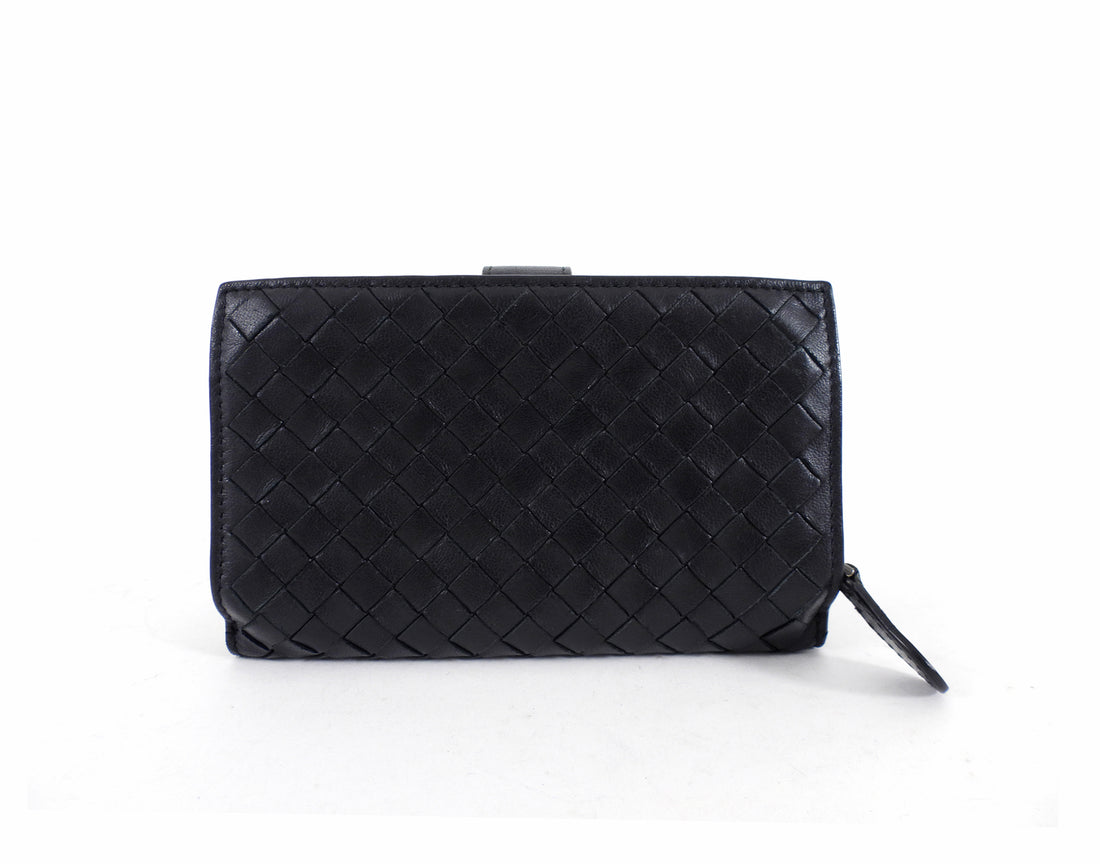 Bottega Venetta Black Intrecciato Leather French Wallet