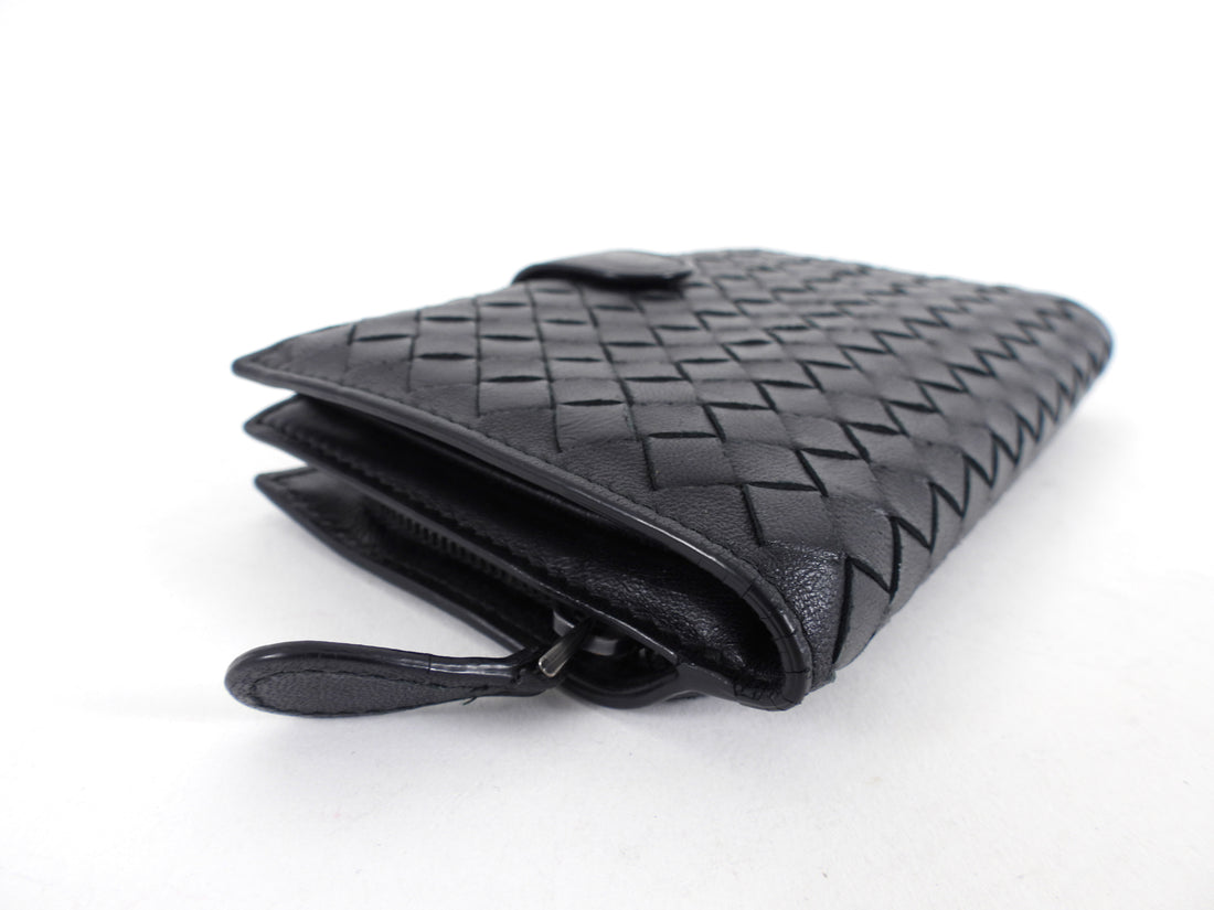 Bottega Venetta Black Intrecciato Leather French Wallet