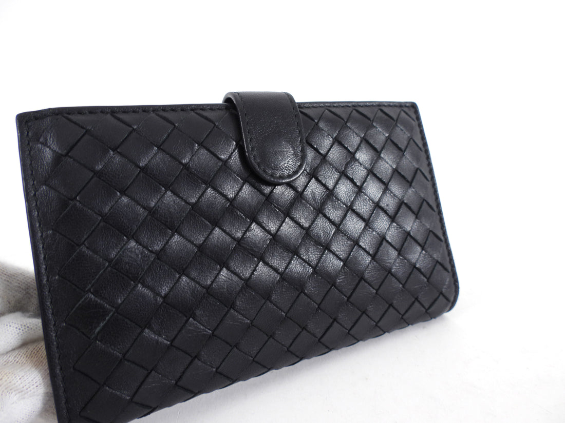 Bottega Venetta Black Intrecciato Leather French Wallet