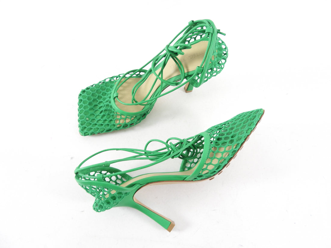 Bottega Veneta Grass Green Mesh Wrap Tie Heels - 37.5