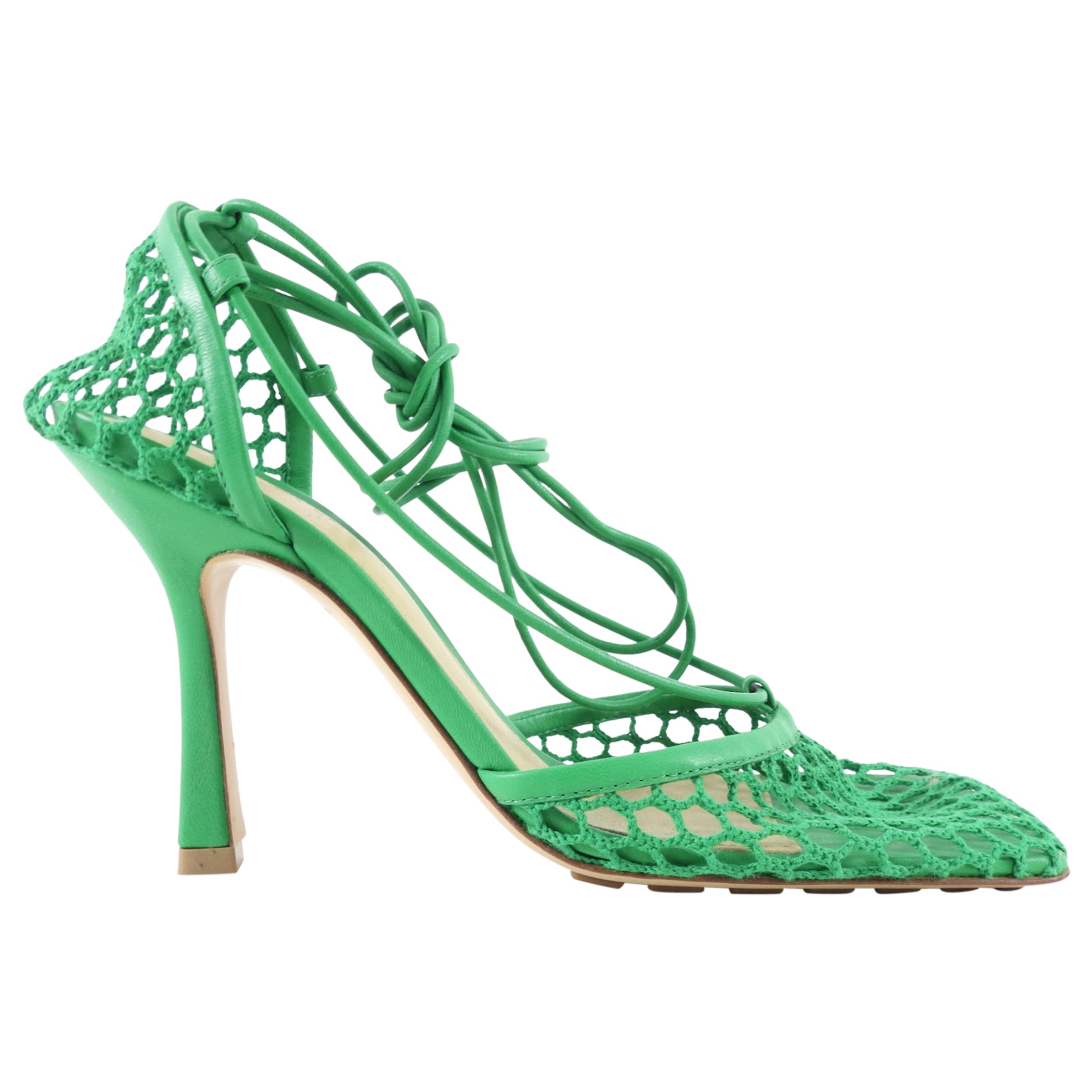 サンダル・ミュール Bottega Veneta Grass green mesh Stretch pumps Bottega Veneta Stretch Ankle Strap Sandals in Acid Turquoise