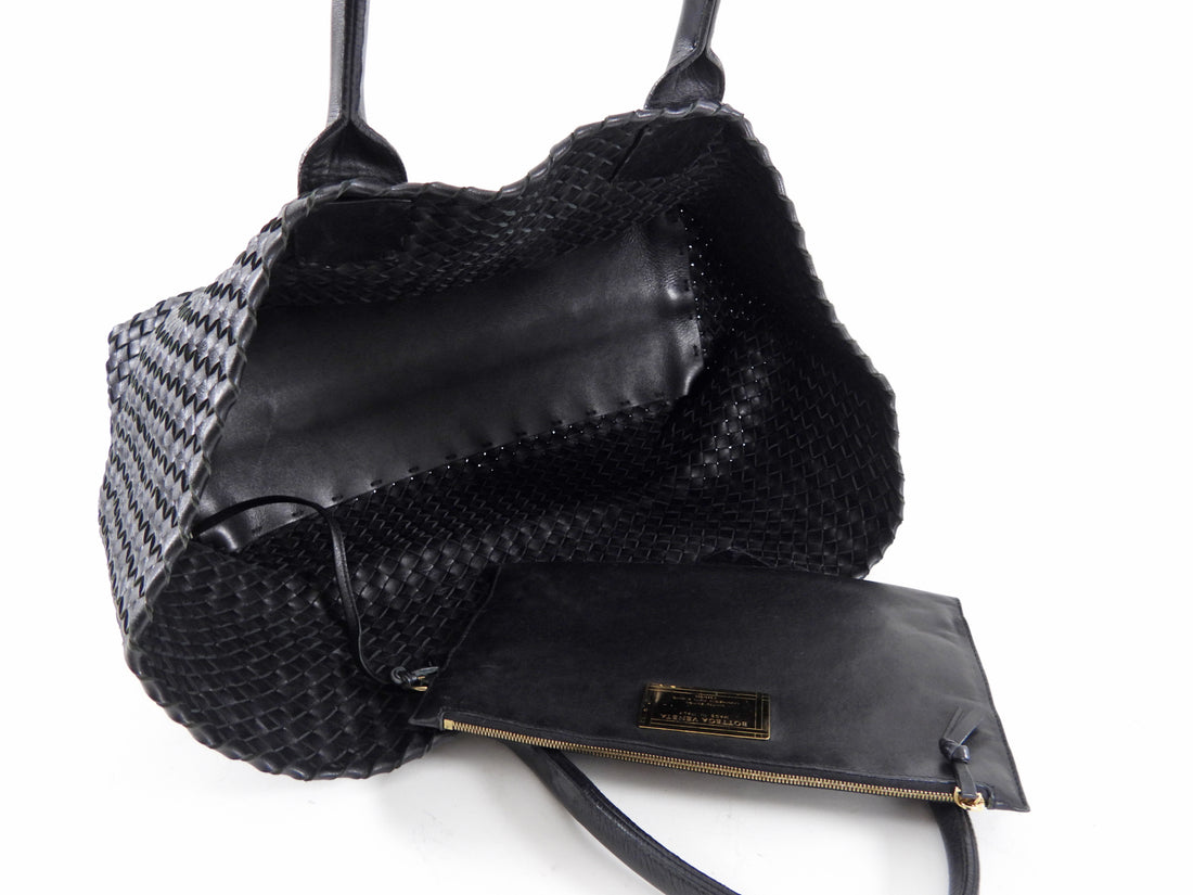 Bottega Veneta Black Intreccio Leather Cabat MM Tote Bag